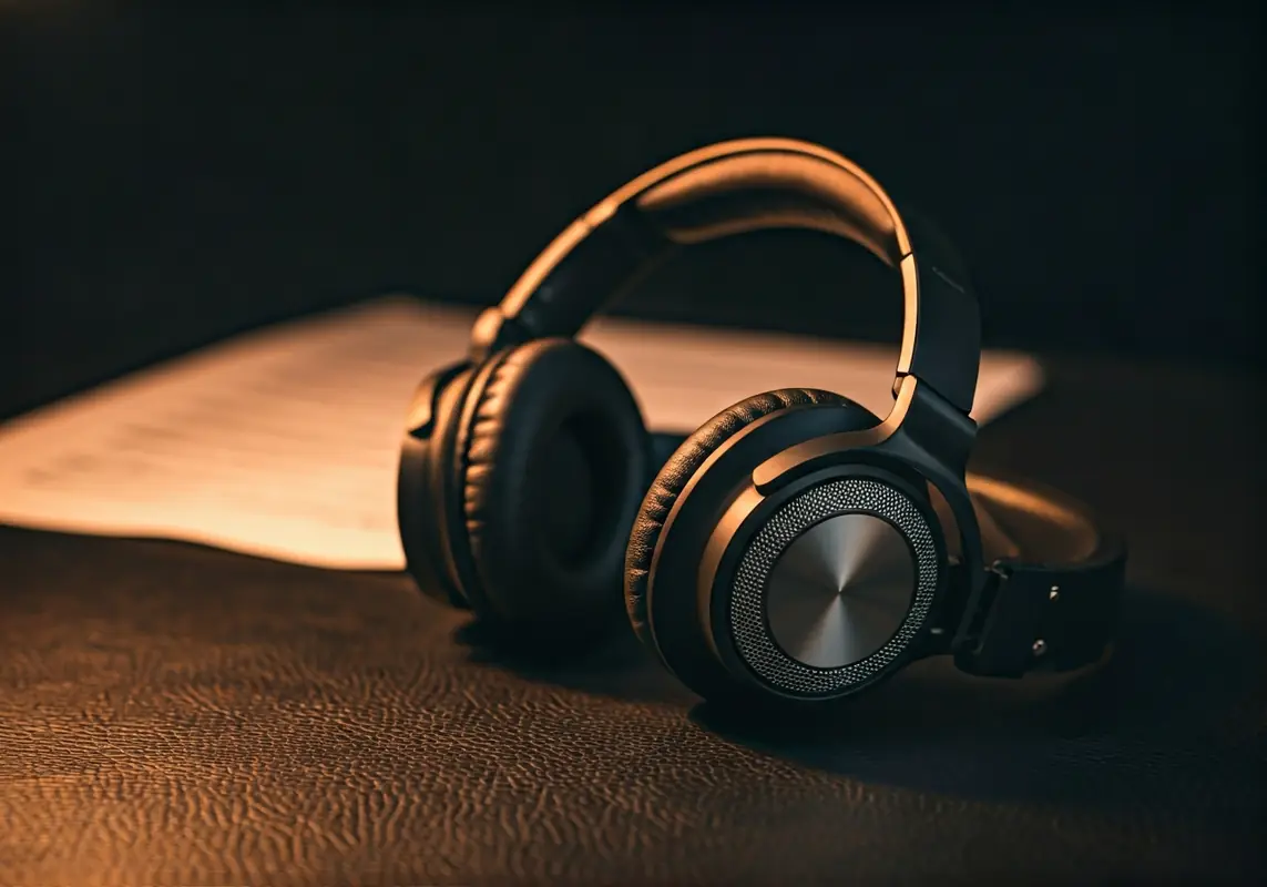 Auriculares supraaurales de primera calidad sobre una superficie de cuero oscuro con una cálida luz ámbar