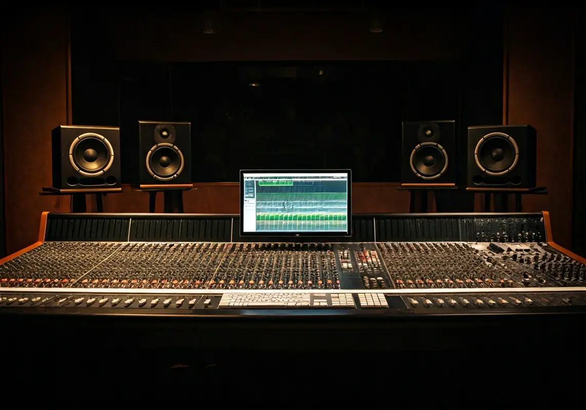Sala de control del estudio de grabación con una cálida iluminación ámbar