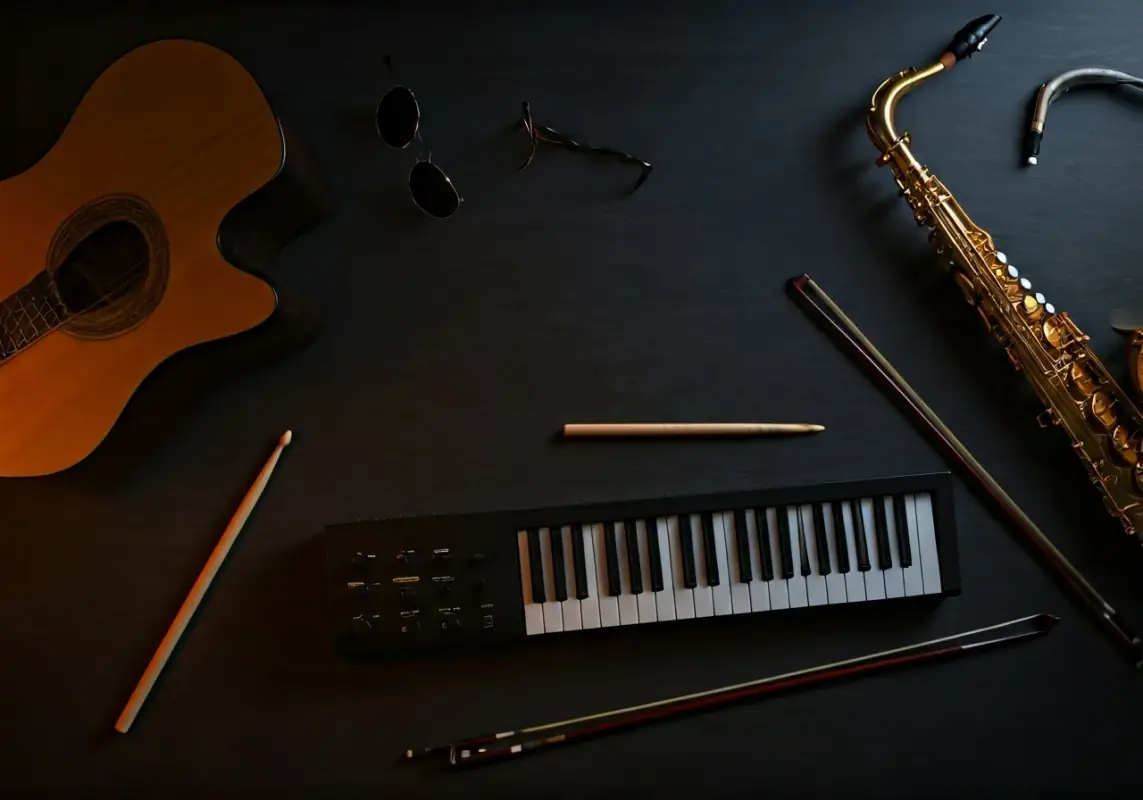 Diverse musical genre visualization with instruments representing different styles