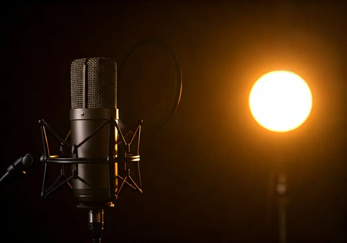 Close-up of professional microphone capturing emotional vocal performance