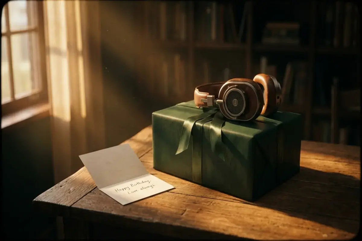 Caja de regalo con auriculares y tarjeta personal en una cálida y sentimental luz dorada de cumpleaños