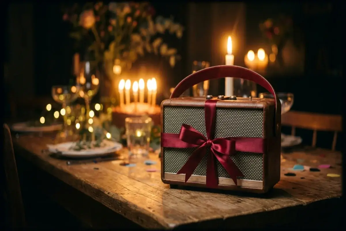 Altavoz portátil envuelto para regalo con cinta de raso y bokeh de vela de cumpleaños con una cálida luz dorada