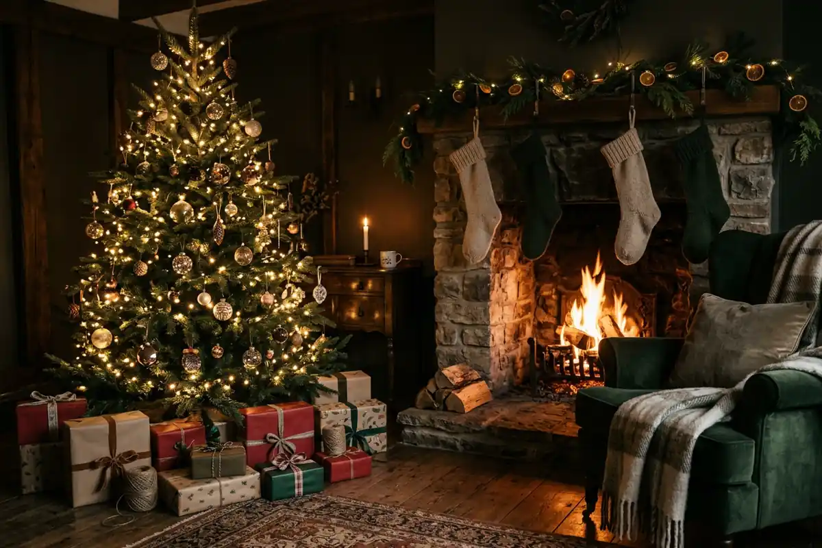 Living room on Christmas Eve with a lit fir tree, wrapped gifts, and knitted stockings by a stone fireplace