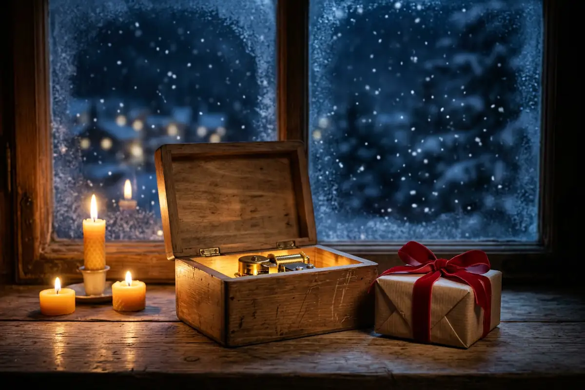Gift wrapped with a red velvet ribbon beside an open wooden music box and candles on a snowy windowsill