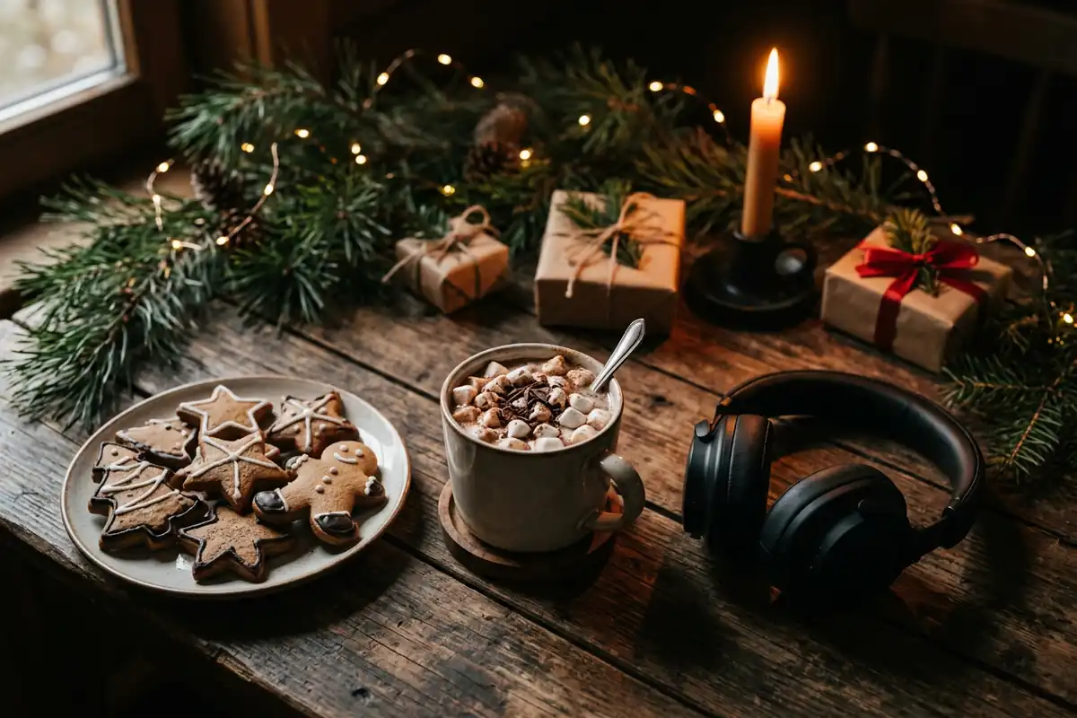 Gingerbread cookies, a mug of hot cocoa, and headphones on a wooden table among pine branches and small wrapped gifts