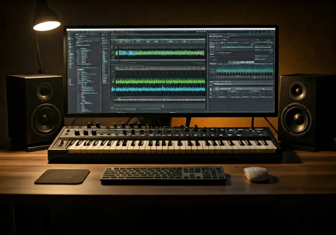 Music production workspace with short audio clip being extended into full arrangement