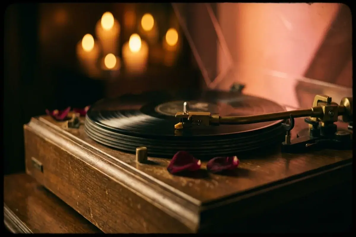 Vintage record player tonearm on vinyl with rose petals and warm pink candlelight bokeh