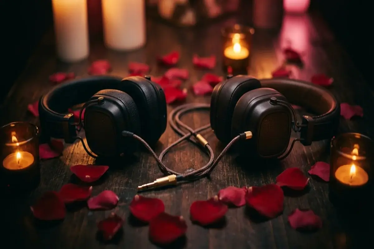Two headphones connected by audio splitter on dark surface with candlelight and rose petals