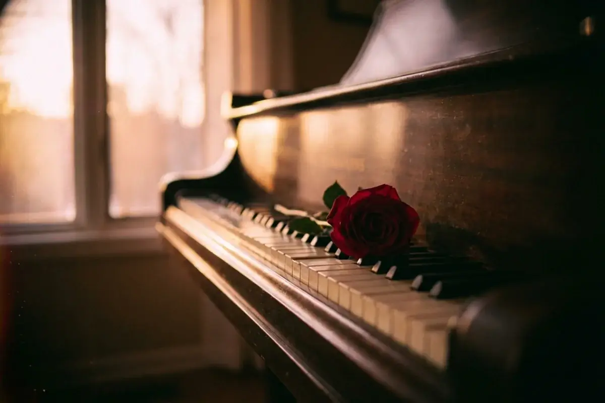 Piano keys with single rose in warm golden-pink sunset light for romantic atmosphere