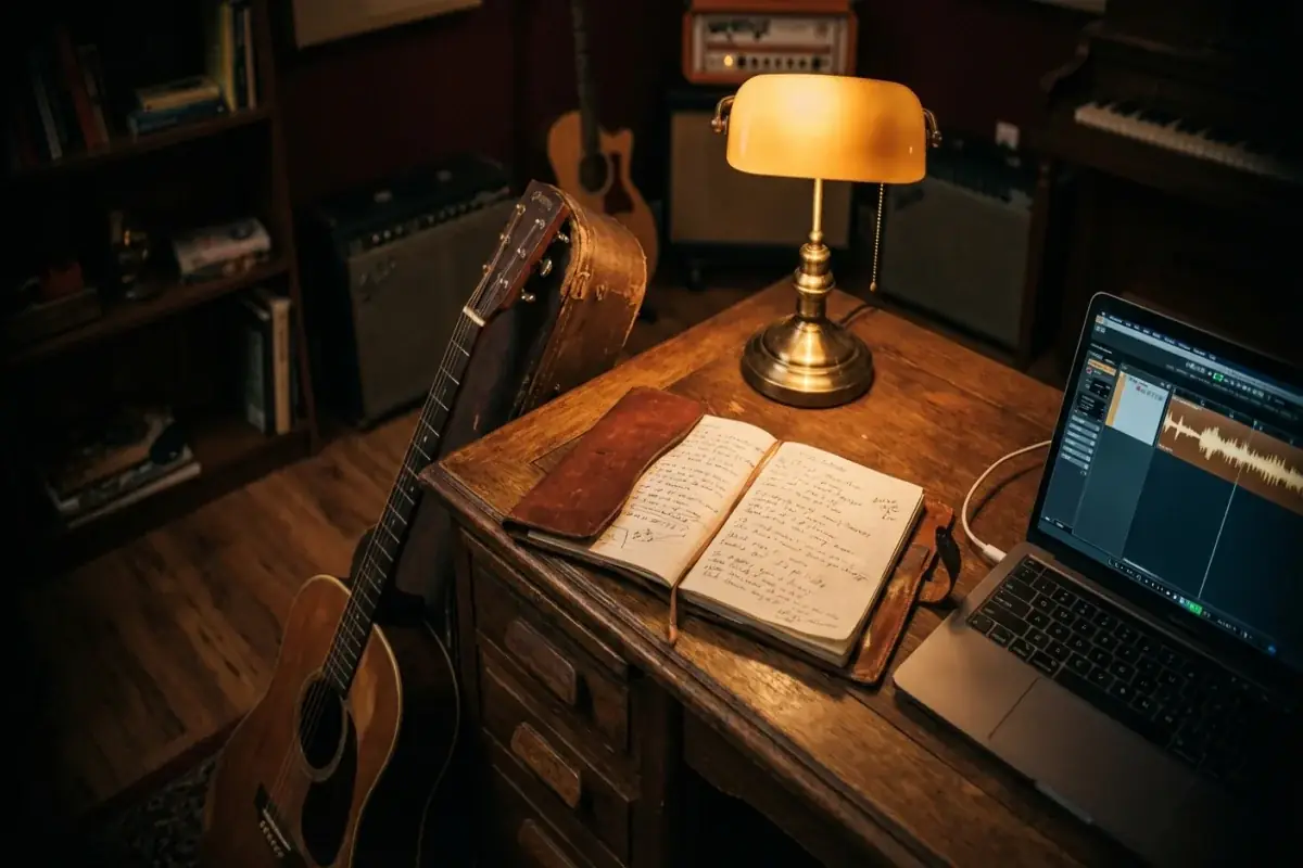 Songwriter home studio with notebook, laptop waveform, and acoustic guitar under warm desk lamp