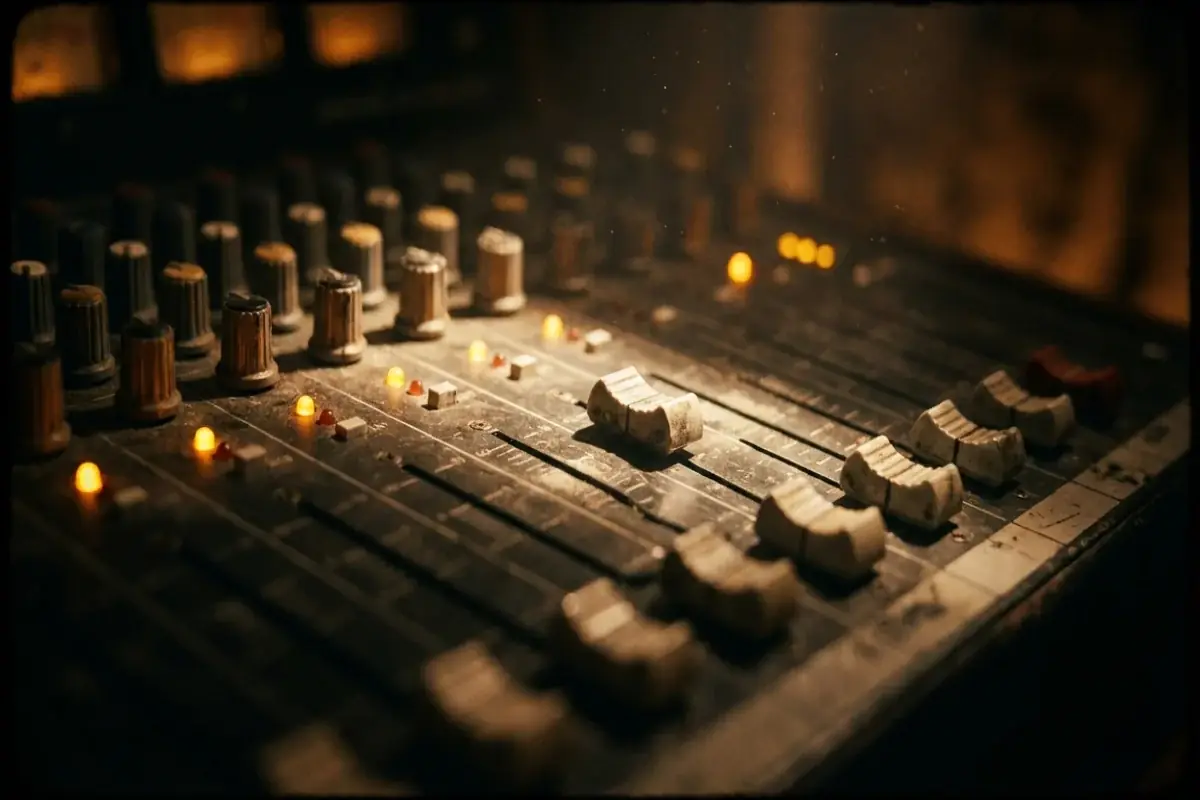 Close-up of audio mixing board faders with amber LED indicators and dust particles in light beam