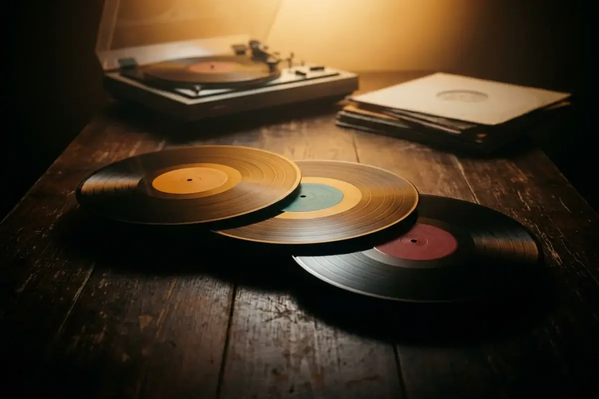 Three vinyl records with different colored labels fanned out on dark wooden surface