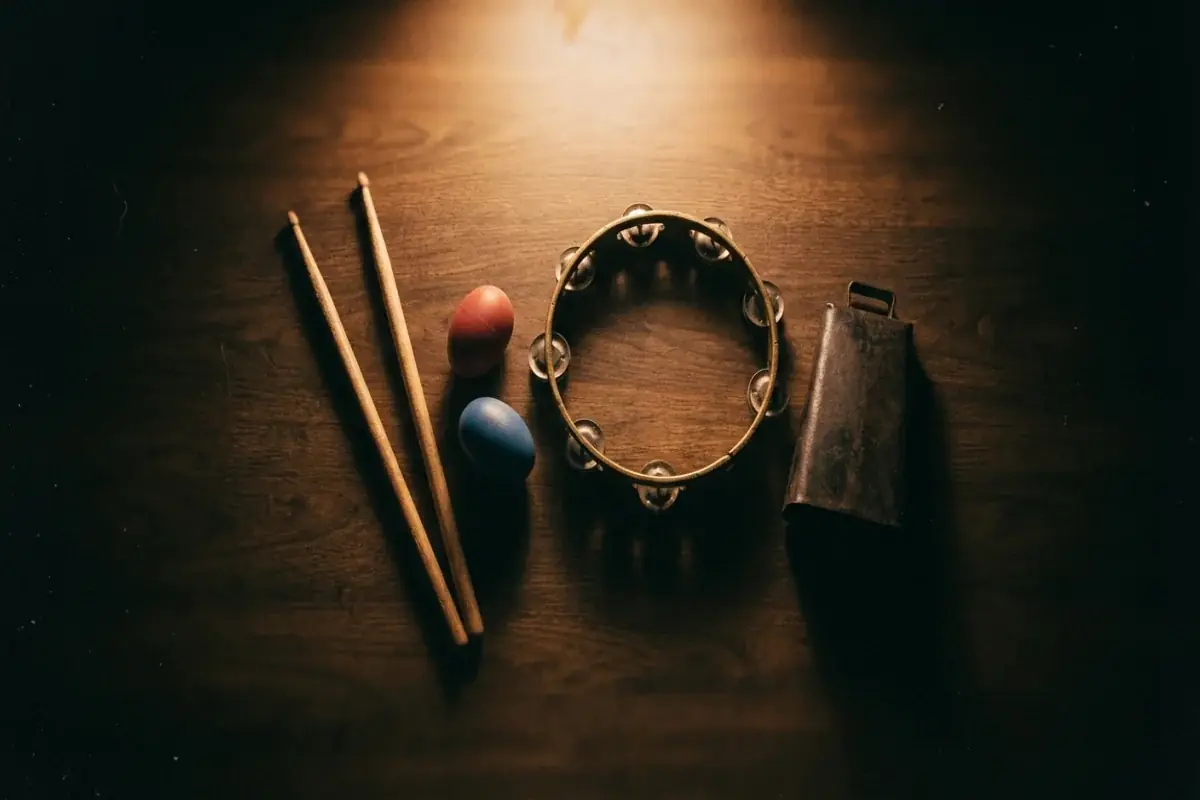 Overhead flat-lay of percussion instruments — drum sticks, shakers, tambourine on dark surface