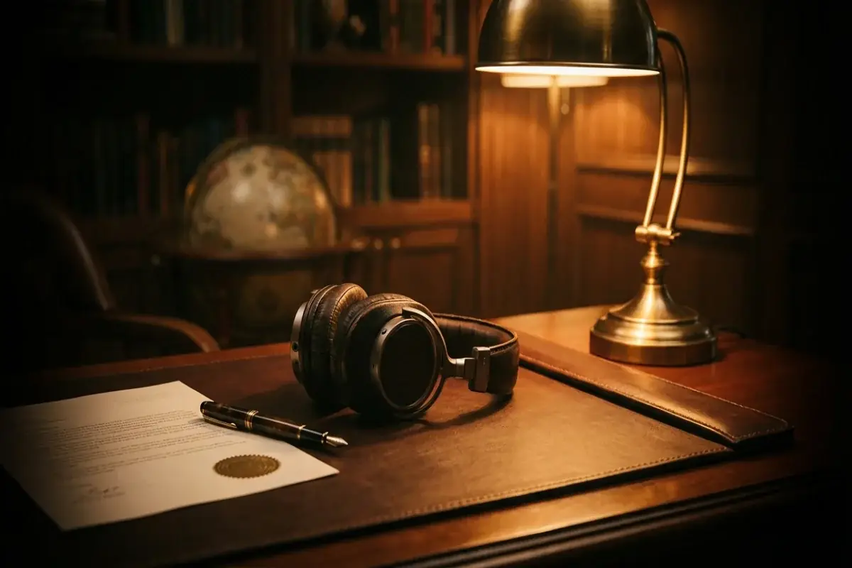Professional headphones on dark leather beside pen and document under warm desk lamp
