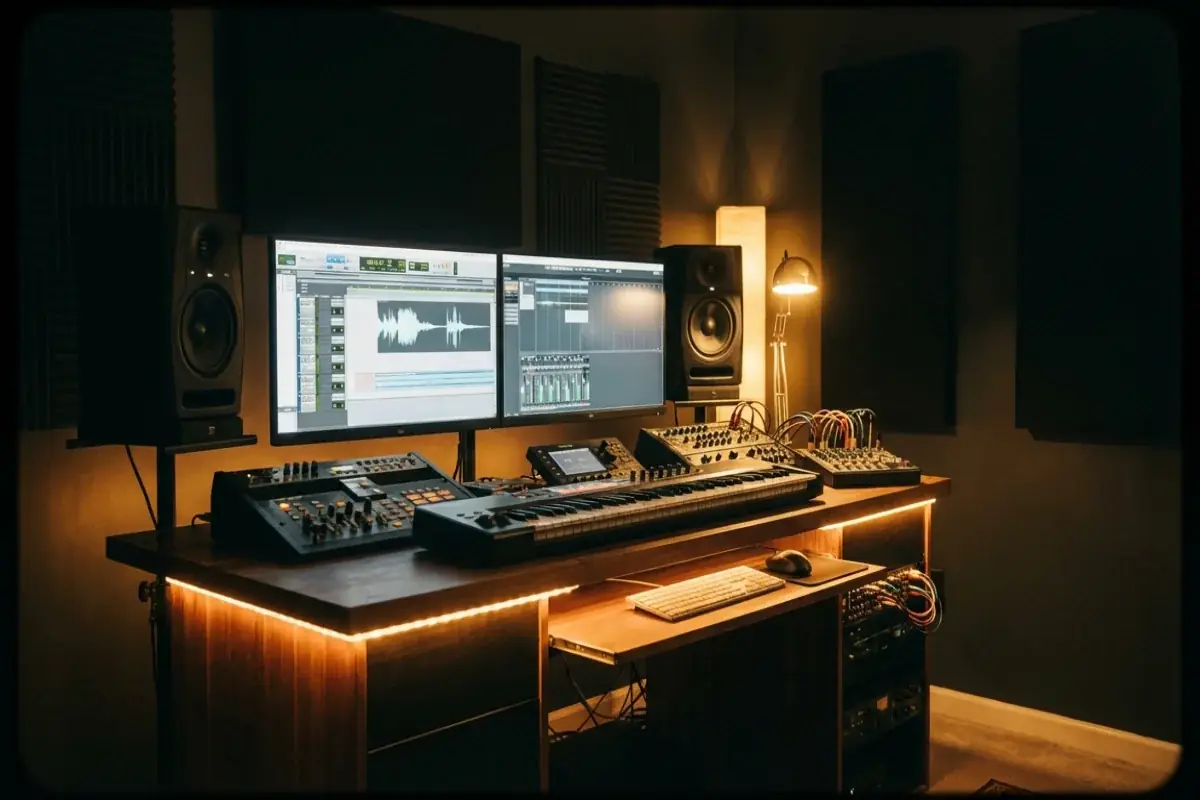 Beat production studio with dual monitors, MIDI keyboard, and warm LED strip ambient lighting