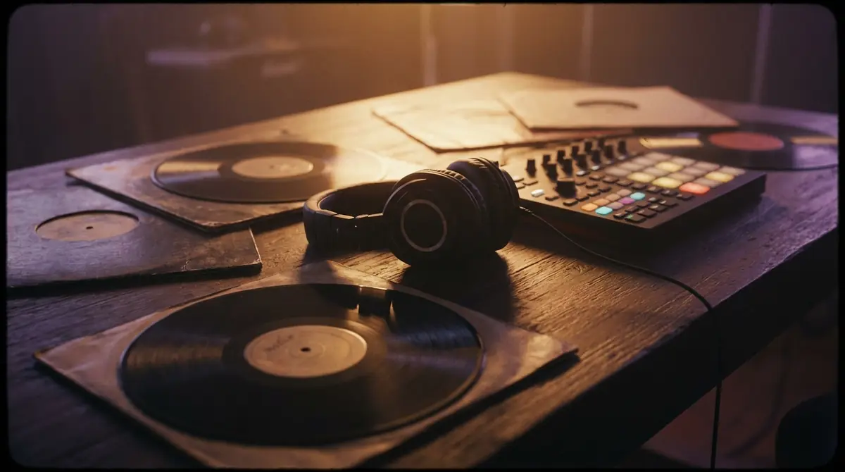 Colección de discos de vinilo y auriculares que representan diferentes estilos musicales.