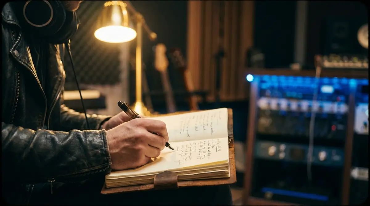 Persona escribiendo letras en un cuaderno con auriculares alrededor del cuello en un estudio
