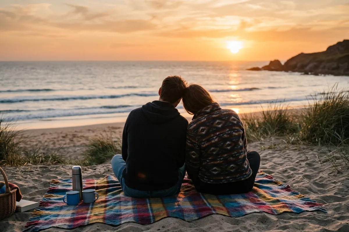 Sample photo: two people seen from behind on a plaid blanket at the beach at sunset, with a thermos and two blue mugs