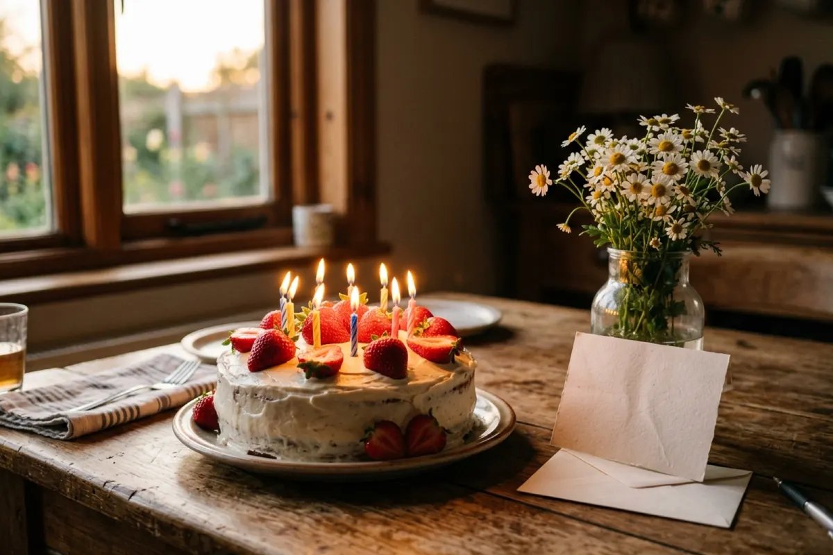 Sample photo: a strawberry cream birthday cake with lit candles on a wooden table, daisies in a jar and a blank card