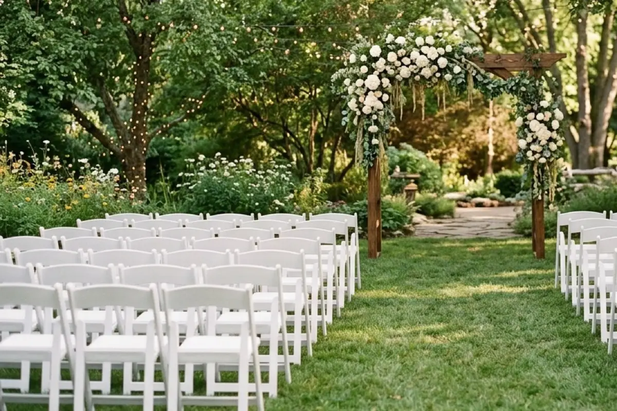 Sample photo: a garden wedding ceremony with rows of white folding chairs and a wooden arch covered in white roses