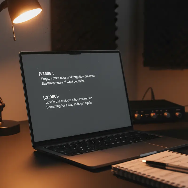 Laptop screen showing song lyrics with verse and chorus markers in warm amber desk lamp glow