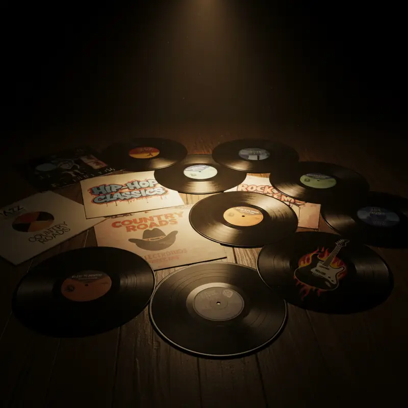 Collection of vinyl records showing different music genres on dark wood surface with golden spotlight