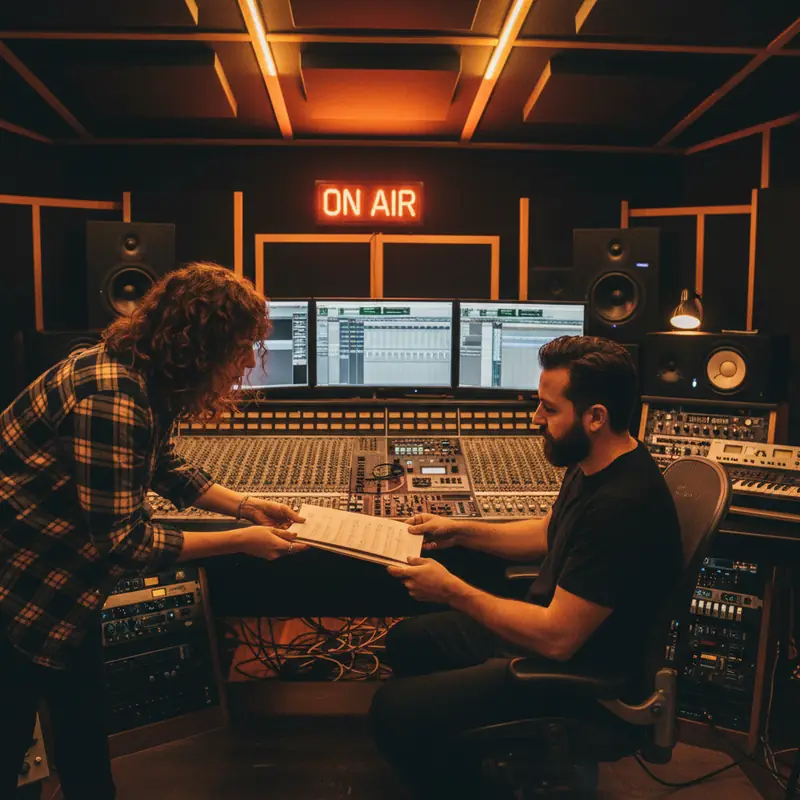 Songwriter handing sheet music to producer at mixing console in warm amber studio lighting