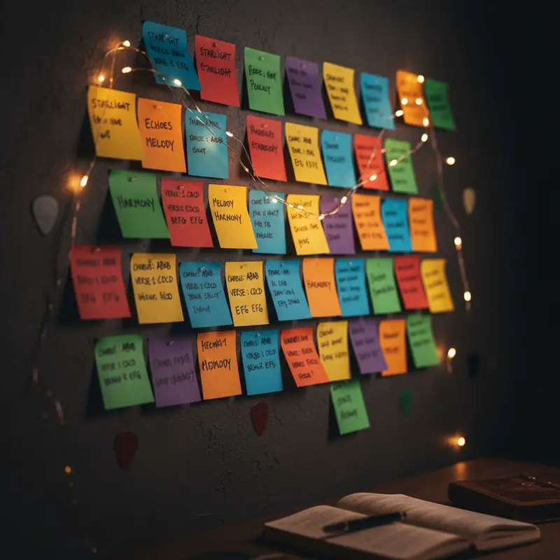 Creative brainstorming wall with colorful sticky notes showing song ideas and rhyme patterns