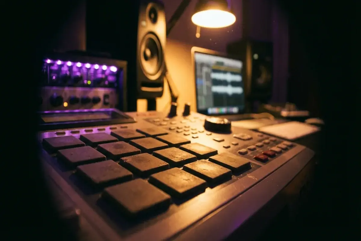 Close-up of MPC drum machine pads with purple LED and warm amber lighting