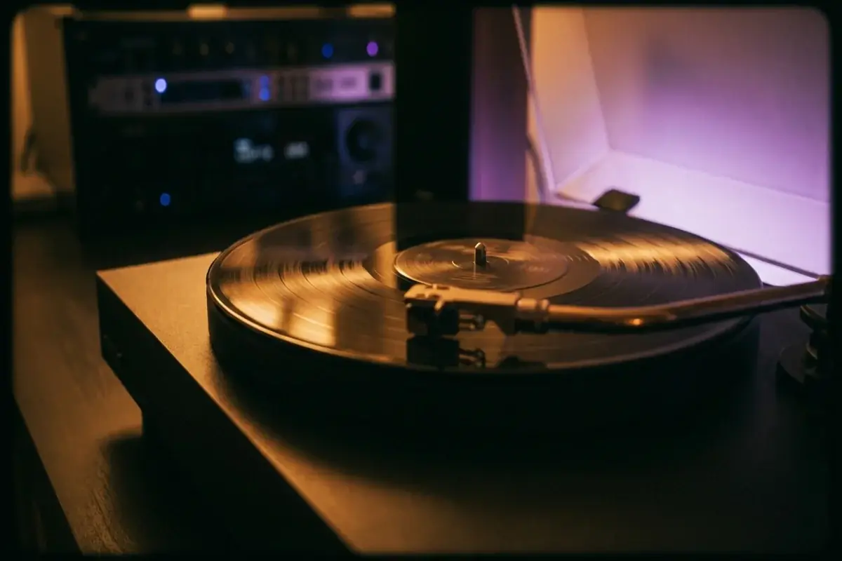Turntable platter with spinning vinyl record under warm amber and purple ambient glow