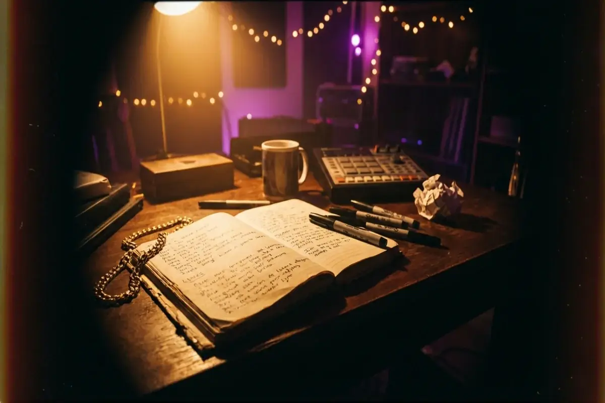 Rapper creative workspace with notebook, gold chain, and marker pens under purple-amber spotlight