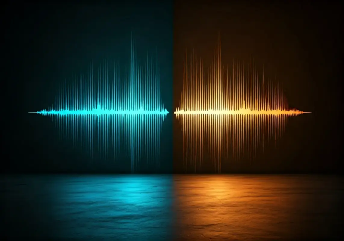 Audio waveform split into vocal and instrumental stems with AI processing